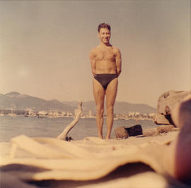 [Joseph Selsey wearing bathing suit at a Vancouver beach]