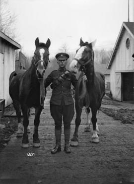 [Soldier holding two horses]