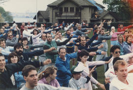 Crowd following fitness routine at Stanley Park