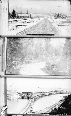 [View of Vancouver from Mount Pleasant; woman standing on bridge in Stanley Park; C.P.R. wharf]