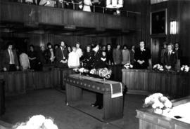 Inauguration of Art Phillips as Mayor of Vancouver with Sgt. K. Miles placing mace on stand.