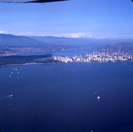 Aerial view of Vancouver : English Bay in foreground, looking towards West End of Vancouver, Nort...