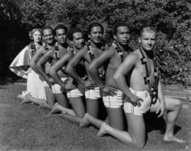 Hawaiian troupe, male members, swimmers, dancers, musicians who entertained excellently, August 1936