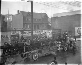 [Firefighters with Seagrave Aerial Ladder at Pender and Homer Streets]