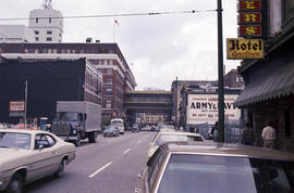 [00 block West Cordova Street businesses - Signs for Princess Tailors, Army and Navy, and Travell...
