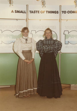 Gail McCormick and Kerri Groves in pioneer costumes at the Future Fair