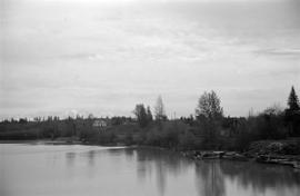 [View of Hudson Bay Company post from the river]