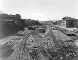 [Progress photograph of the construction and lumber yard for the CPR Pier "B/C" superst...