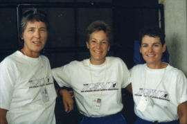 Portrait of three women wearing Team Fresno shirts