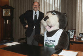 Tillicum with Mayor Harcourt in the Mayor's office at Vancouver City Hall