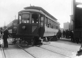 [A streetcar derailed after being hit by the No. 11 V.F.D. hosewagon at 12th Avenue and Commercia...