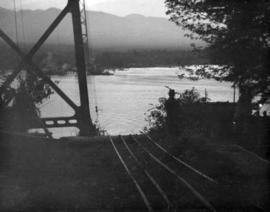 4:30 a.m. All is in readiness for scow and tugs to haul four catwalk cables across First Narrows....