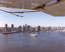 Aerial view of CP car ferry, "Princess of Vancouver" leaving dock, Burrard Inlet