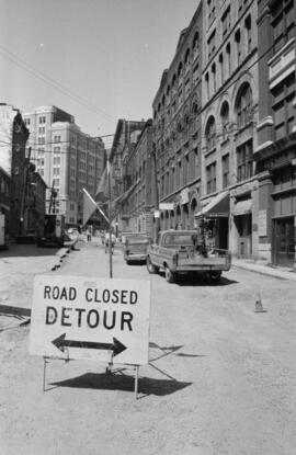 Water Street [Road construction and "Road Closed/Detour" sign]