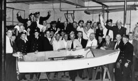 [Vancouver Fire Department staff celebrating construction of boat "Little Moth"]