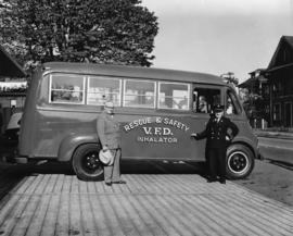 [Fire Department official with Rescue and Safety Inhalator vehicle at Shop No. 50 at Firehall No....