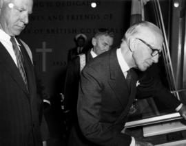 Governor General Vincent Massey inspecting Roll of Service at University of British Columbia