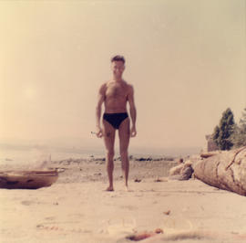 [Joseph Selsey wearing bathing suit at a Vancouver beach]