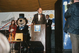 Mike Harcourt speaking at Vancouver's 99th birthday celebration at the Vancouver Museum