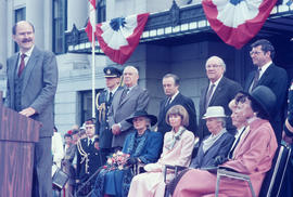 Mayor Harcourt delivers welcome speech for Jeanne Sauvé at Canadian Pacific Station